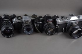 4x SLRs with lenses – Exakta, Fuji, Konica