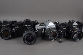 4x SLRs with lenses – Petri, Pentax, Vivitar