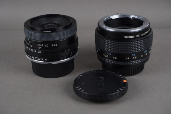Tamron Adaptall 02B 28mm 1:2.5 lens with Pentax PK mount +. Vivitar macro focusing teleconverter