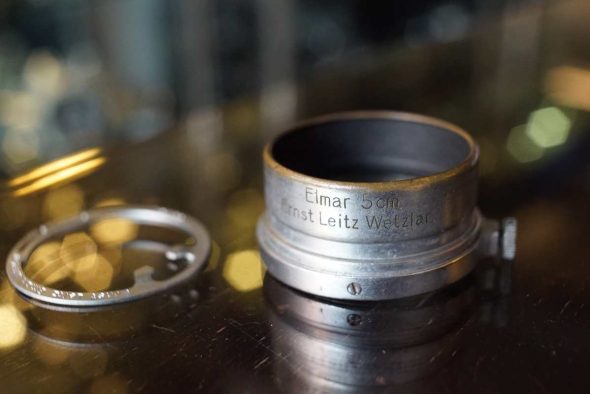 Leica Leitz VOOLA aperture controlring + Lenshood for Elmar 3.5 / 5cm A36, worn