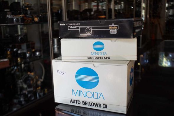 Minolta Auto Bellows III + Slide copier attachment + focusing rail, boxed kit