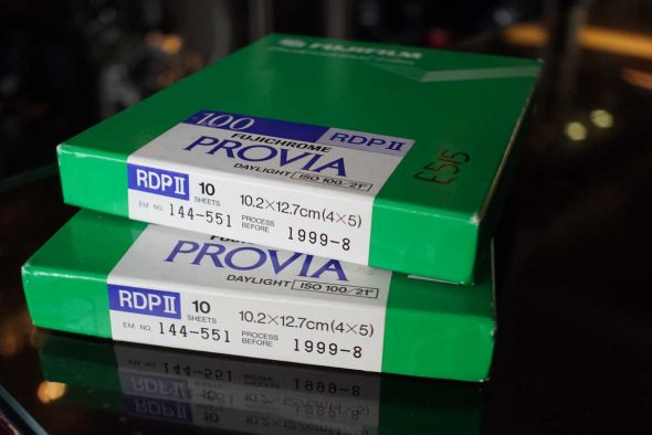 Fujichrome Provia 100 RPD II in 4×5” format, expired 1999-8, 2×10 sheets