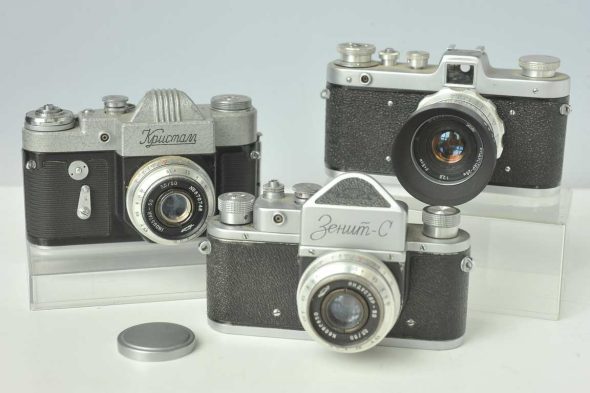 Lot of 3 Soviet cameras with lenses, KMZ Kristall, Zenit-C and FED Zarya