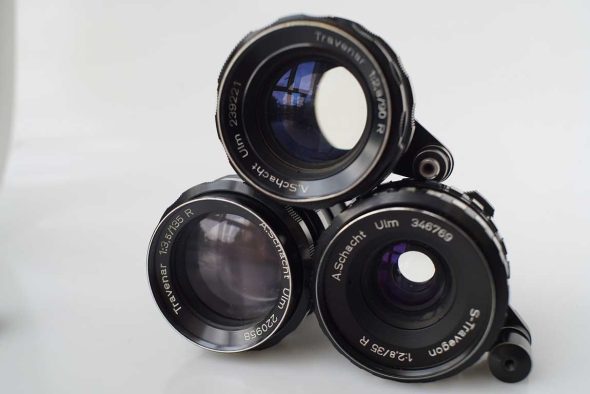 Lot of 3 Schacht lenses for Exakta, 35mm f/2.8, 90mm f/2.8 and 135mm f/3.5