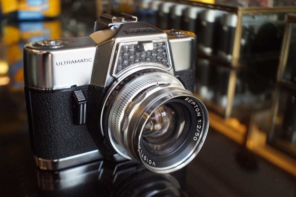 Voigtlander Ultramatic + SEPTON 50mm F/2 lens, in leather case