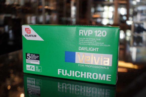 Fujifilm Velvia slide film in 120 format, sealed 5-pack, expired 2003