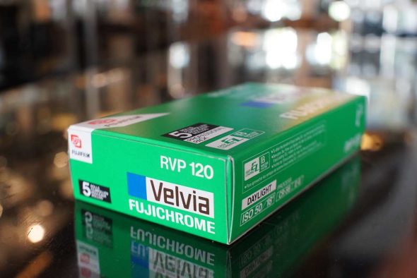 Fujifilm Velvia slide film in 120 format, sealed 5-pack, expired 2003