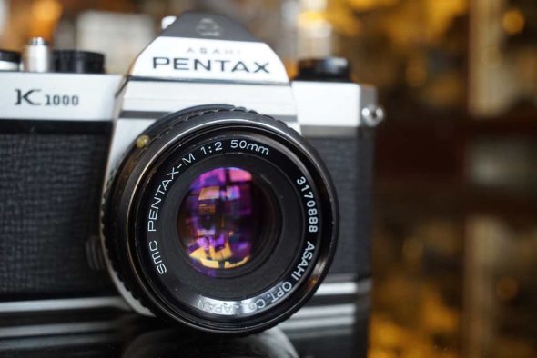 Pentax K1000 SLR + SMC 50mm F/2 lens, serviced