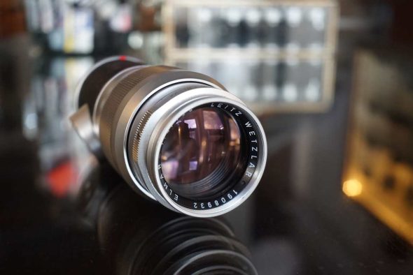 Leica Leitz Elmar 135mm F/4 chrome M-mount with hood and bubble