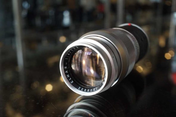 Leica Leitz Elmar 135mm F/4 chrome M-mount with hood and bubble