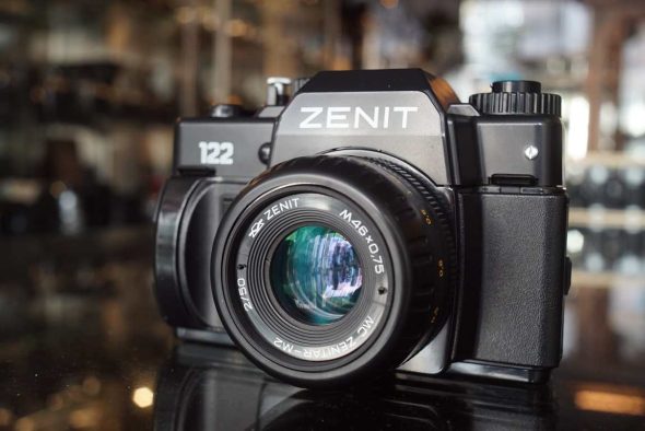 Zenit 122 SLR camera + MC Zenitar-M2 50/2 lens in original blue Zenit case, collectible