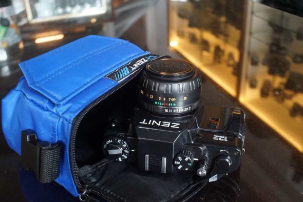 Zenit 122 SLR camera + MC Zenitar-M2 50/2 lens in original blue Zenit case, collectible