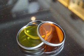 Rolleiflex Bay III filter lot of 3: Orange, Yellow, Green. By B+W