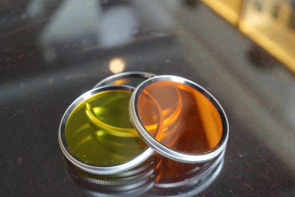 Rolleiflex Bay III filter lot of 3: Orange, Yellow, Green. By B+W