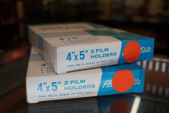 Lot of 2×2 Fidelity Elite 4×5” sheet film holders, boxed