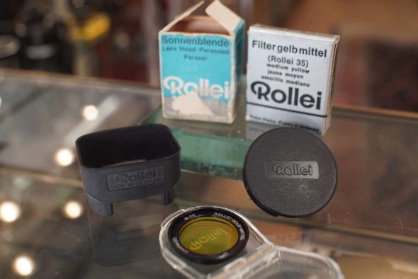 Rollei 35 accs lot: Lens hood, Yellow filter and front lens cap