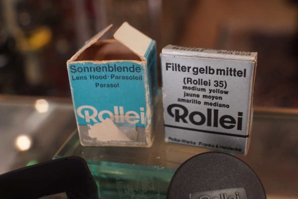 Rollei 35 accs lot: Lens hood, Yellow filter and front lens cap