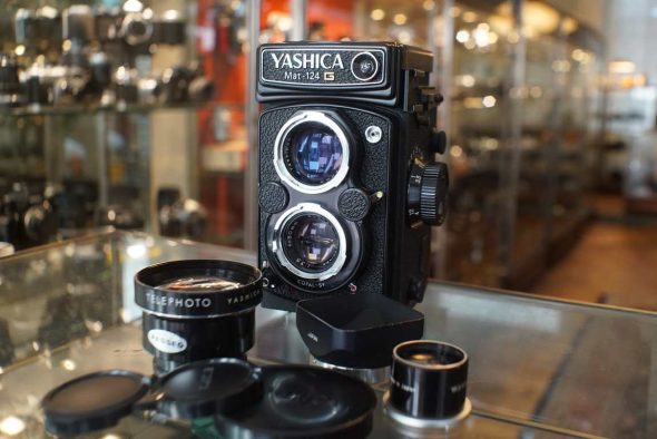 Yashica Mat-124G TLR camera with accessories and attachment lenses