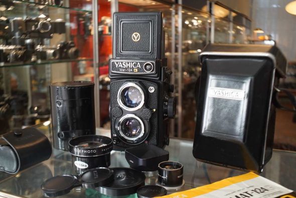 Yashica Mat-124G TLR camera with accessories and attachment lenses